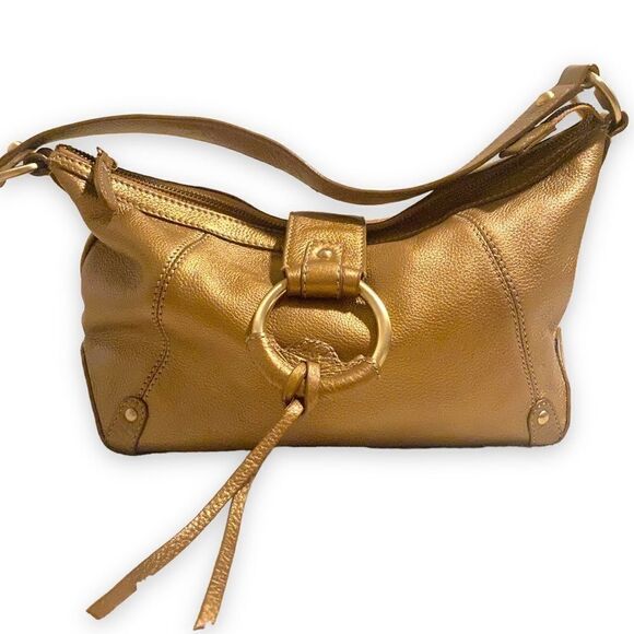 Jones NY Leather Gold Metallic Y2k Slouchy Boho Top Zip Purse Shoulder Mirror - Picture 1 of 12